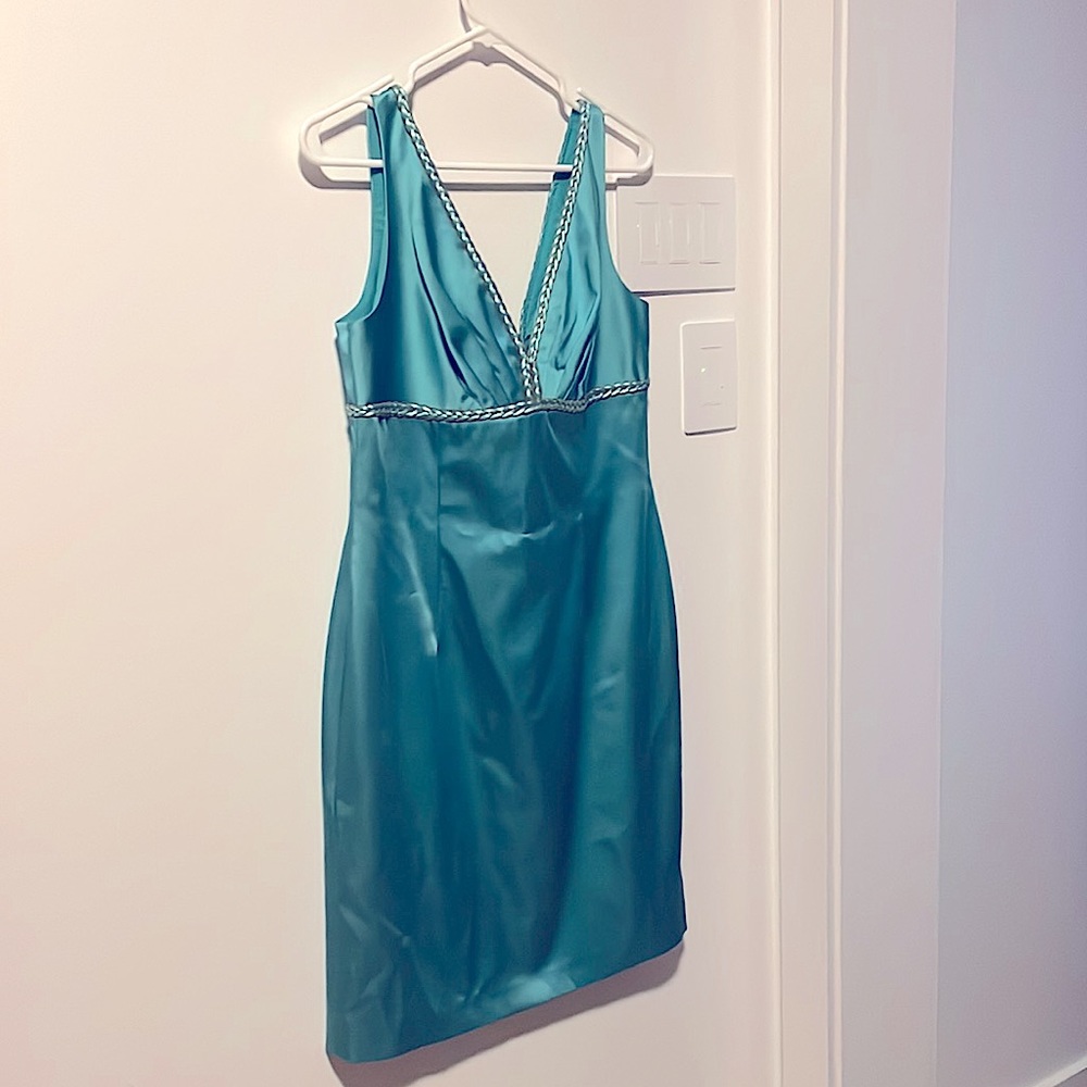 Vintage light teal high waisted dress with gold and cream coloured braiding